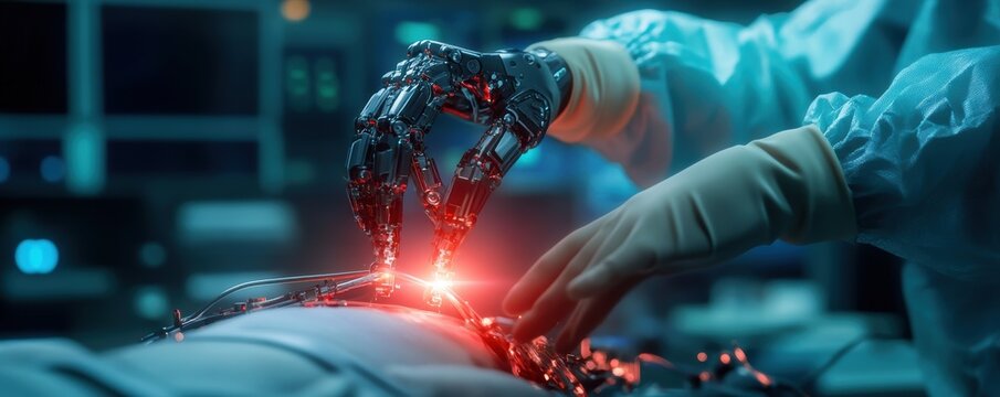 A cutting-edge robotic arm makes an incision in a patient's abdomen, with detailed textures and bright colors that emphasize the advanced technology.