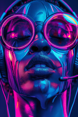 Abstract portrait of an African American woman with neon paint and reflective sunglasses. A futuristic and avant-garde take on fashion photography.