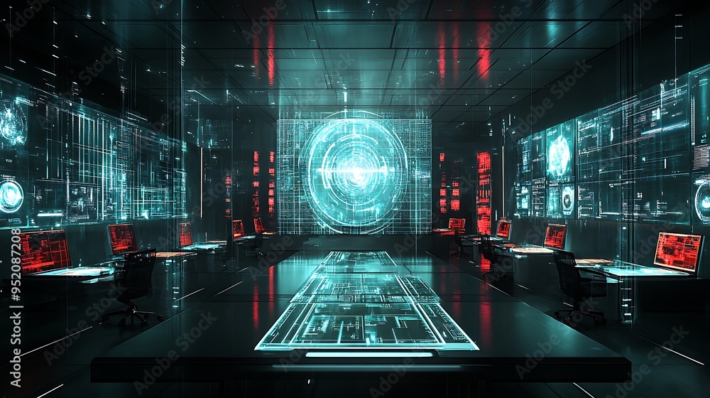 Poster digital workspace with futuristic virtual reality collaboration and cloud integration