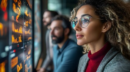 Diverse professionals interacting with digital screens in a modern conference space.