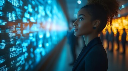 Diverse professionals interacting with digital screens in a modern conference space.