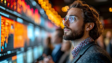 Diverse professionals interacting with digital screens in a modern conference space.