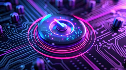 Abstract digital control panel with vibrant neon lights against a dark circuit board backdrop