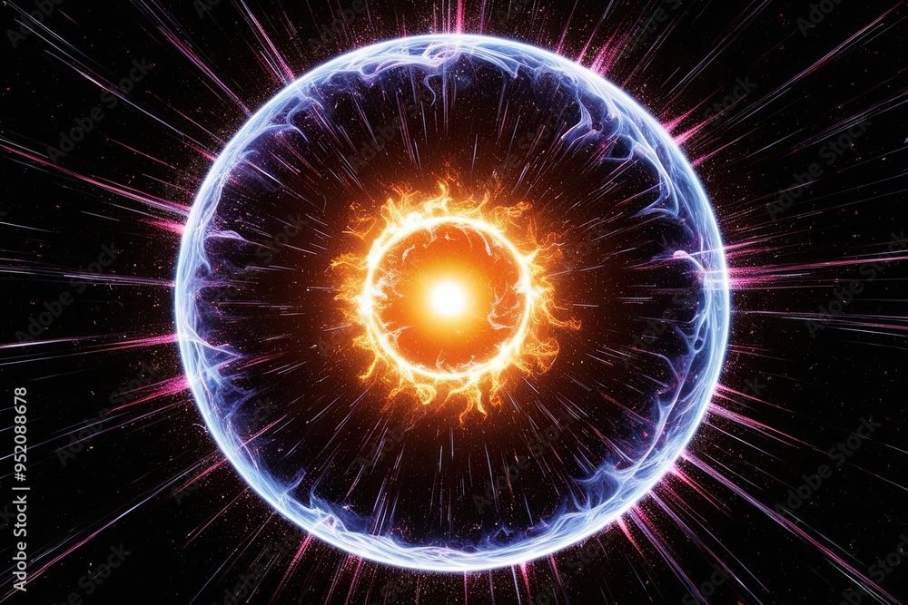 Poster vibrant circle plasma burst with dynamic swirling particle effects on black background