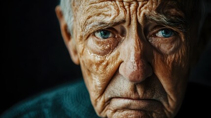 3. An elderly person demonstrating sadness with a downturned mouth and teary eyes