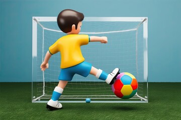 Fototapeta premium Vibrant 3D Boy Kicking Bright Soccer Ball on Clean Background