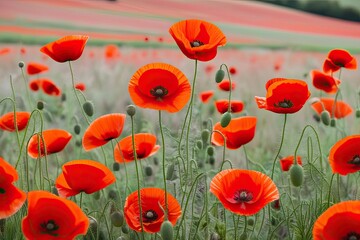 Fototapeta premium Stunning Red Poppies in Soft Pastel Fields - A Floral Celebration