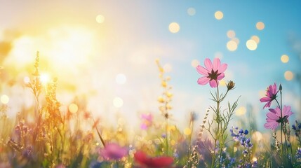 Fototapeta premium Colorful flower meadow with sunbeams and blue sky and bokeh lights in summer 