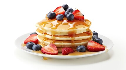 A stack of fluffy buttermilk pancakes, drizzled with maple syrup and topped with fresh blueberries and strawberries, presented on a white background.