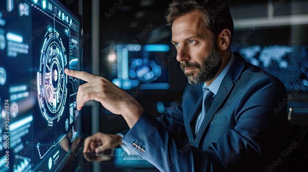 Poster a man in a suit interacts with a futuristic touchscreen interface in a high-tech environment.