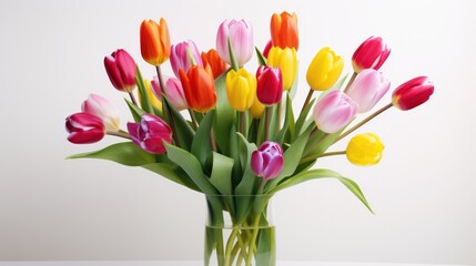 A still life arrangement of colorful tulips, their vibrant hues contrasting with the stark white background