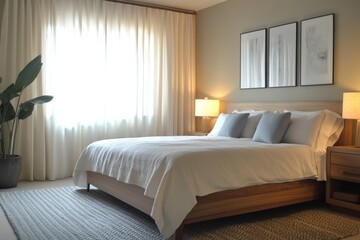 A cozy bedroom featuring a bed, bedside lamps, and decorative artwork.