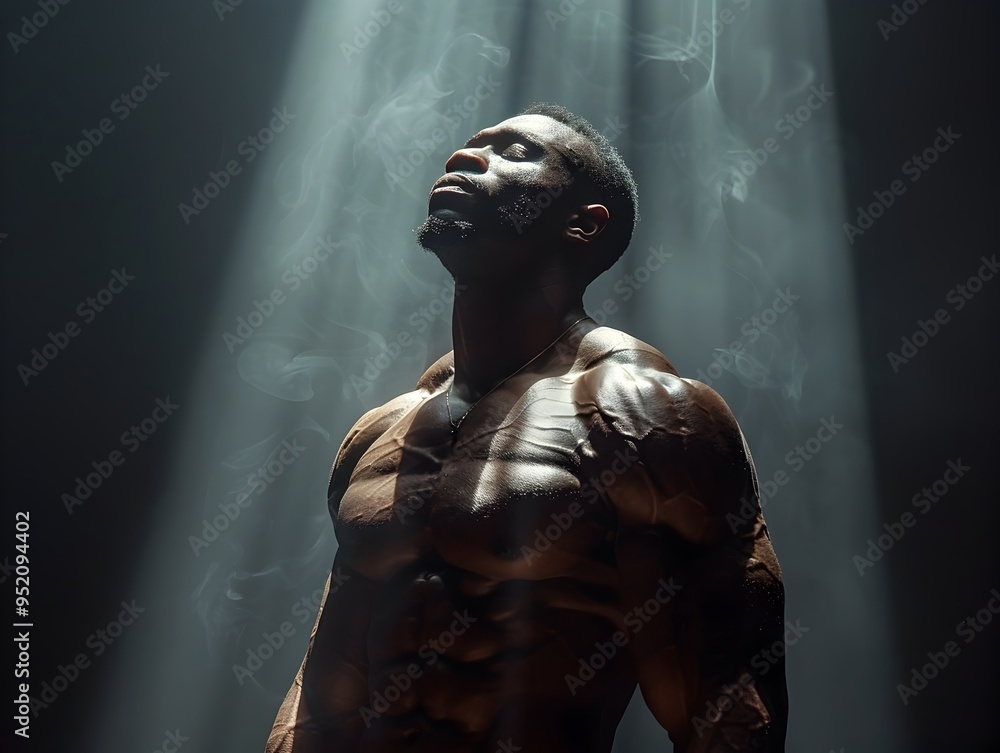 Wall mural Dramatic Fitness Photoshoot Highlighting Chiseled Bodybuilder Physique