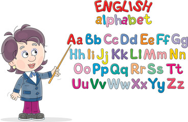 Teacher pointing to letters of English alphabet on a poster in a class and asking schoolchildren about them at a lesson in primary school, vector cartoon illustration on a white background