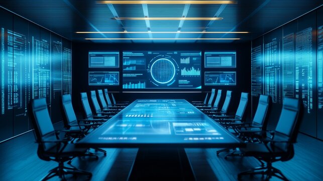 A high-tech conference room where a virtual assistant powered by AI is managing business tasks and schedules. The room is modern and minimalist, with large screens displaying business data, charts,