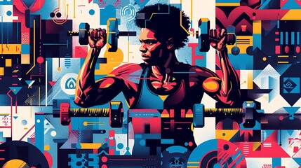 A vibrant illustration of a man in a gym setting, performing a complex workout with various equipment, surrounded by motivational quotes in stylized fonts 
