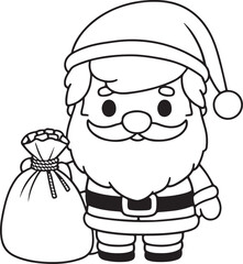 Santa Claus with Gifts and Candy Cane - Line Art Doodle Illustration for Coloring.