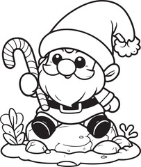 Santa Claus with Gifts and Candy Cane - Line Art Doodle Illustration for Coloring.