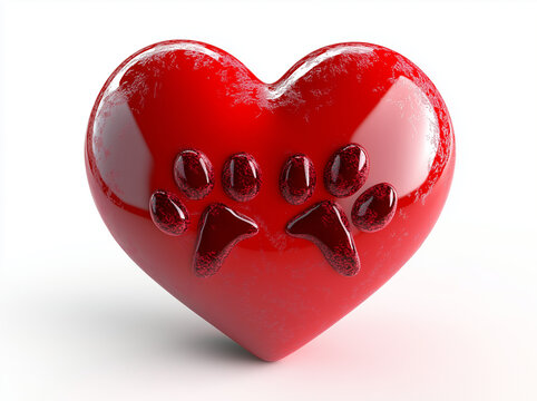 Cuore 3d lucido con sopra una zampa di un animale. Amore per gli animali. Avere a cuore gli animali.