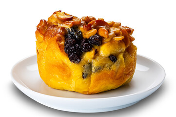 Butter bun garnished with raisin and nuts in white ceramic dish isolated on white background with clipping path.