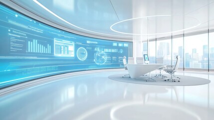 A modern office environment where AI-powered systems are optimizing business operations and workflow. The office is sleek and minimalist, with digital interfaces displaying real-time data on project