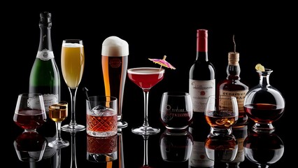 Set with different drinks on black background - champagne, beer, cocktail, wine, brandy, whiskey, scotch, vodka, cognac