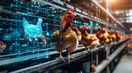 A futuristic poultry farm where automated feeders and waterers are managed by AI algorithms. The image shows rows of clean and well-maintained cages, with digital interfaces monitoring the health and