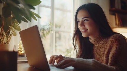 Young Woman Working on Laptop at Home in Cozy and Productive Environment