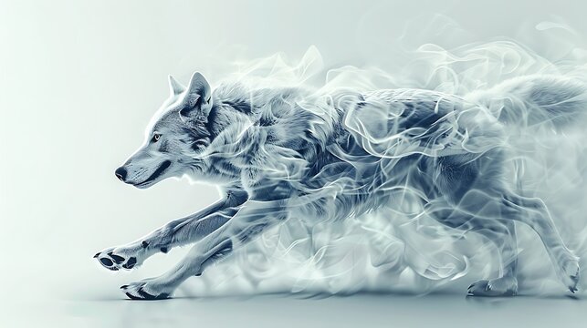 A creative depiction of a wolf running, with its form morphing into a pair of sleek running shoes, representing speed, agility, and the primal nature of fitness 
