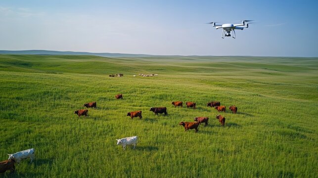 A futuristic cattle ranch where drones and AI algorithms monitor grazing patterns, herd health, and weight gain. The image shows cattle in a vast, green pasture, with a drone hovering above,