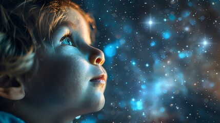 Child s Face Filled with Wonder Gazing at Starry Night Sky Emotions and Expressions Concept