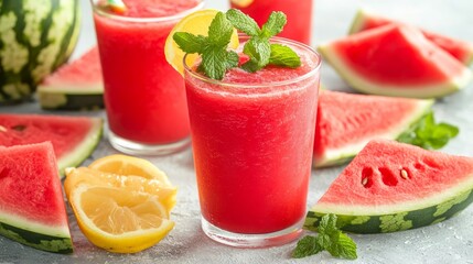 Watermelon smoothie and freshly squeezed juice with mint and lemon on a white table with sliced watermelon pieces. High quality photo