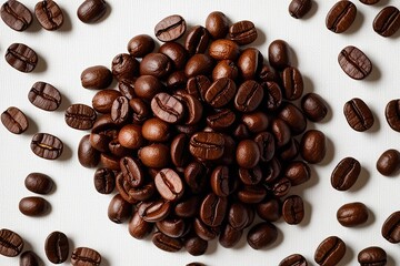 Obraz premium Aerial View of Roasted Coffee Beans on Bright White Background