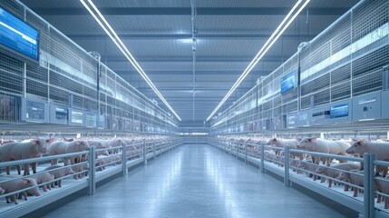 A clean and modern pig breeding facility where AI-powered systems monitor breeding cycles, feed consumption, and animal health. The image captures pigs in spacious, well-maintained pens, with digital