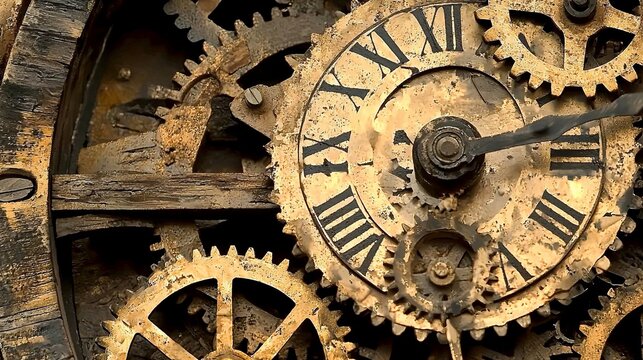 Mechanical clock tower with intricate gears and cogs