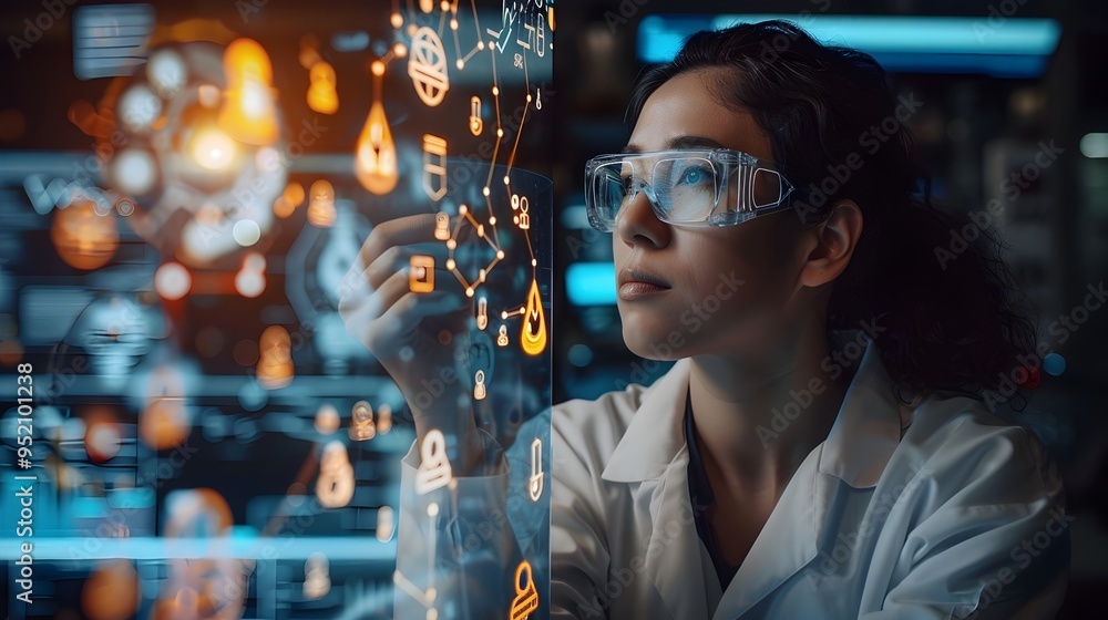 Poster scientist in a futuristic lab surrounded by floating idea icons depicting scientific discovery and i
