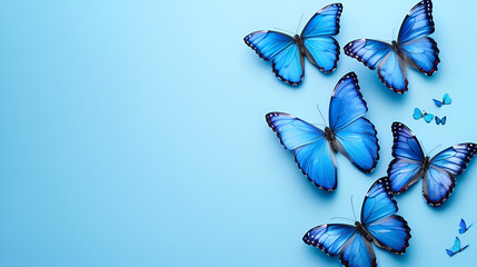  blue butterflies fly side by side against a pristine white backdrop A single blue butterfly's cast shadow graces the left side A solitary blue butterfly ai generative..