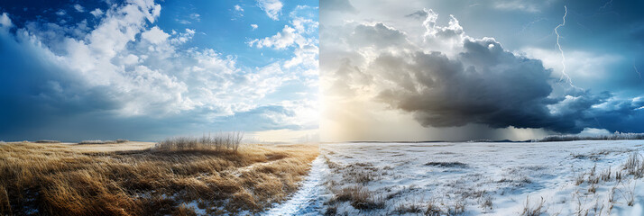 A dramatic panorama showcasing the contrast between a bright, clear sky and a stormy sky with lightning, capturing a fleeting moment in nature.