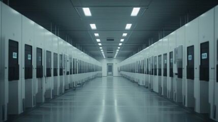 A clean and modern pig breeding facility where automated systems monitor breeding cycles, feed consumption, and animal health. The image captures pigs in spacious, well-maintained pens, with digital