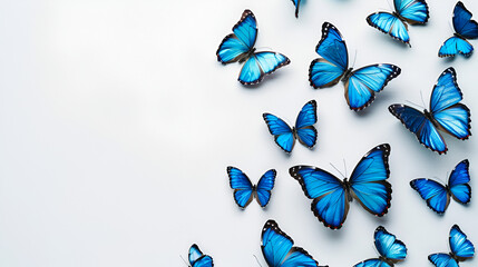  blue butterflies fly side by side against a pristine white backdrop A single blue butterfly's cast shadow graces the left side A solitary blue butterfly ai generative..