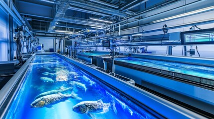 Obraz premium A high-tech aquaculture facility where automated systems monitor water quality, feeding, and fish growth. The image captures large tanks filled with fish, with digital screens displaying real-time