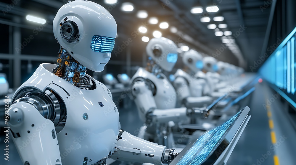 Poster factory with futuristic robotics and advanced, automated production lines