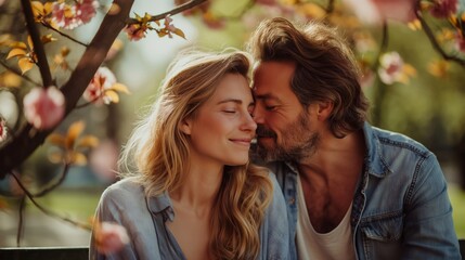 Loving Couple Enjoying a Tender Moment Under Cherry Blossoms in a Sunny Park