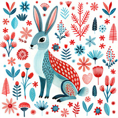 Playful rabbit illustration surrounded by colorful floral and whimsical patterns, artistic and vibrant design
