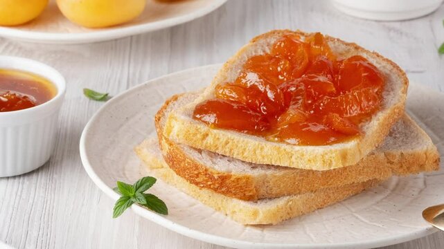 Apricot jam on bread in a white plate and a jar of apricot jam. High quality 4k footage