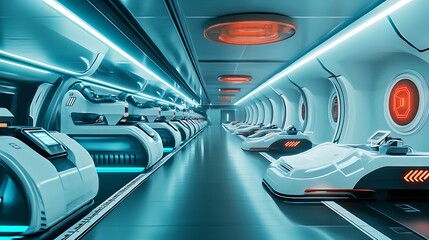 Fototapeta premium Factory with Futuristic Robotics and Advanced, Automated Production Lines 