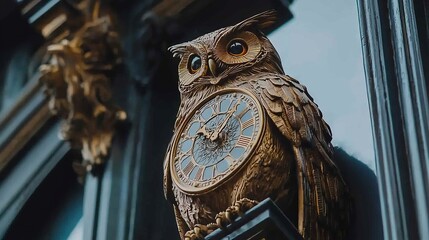Mechanical steampunk owl perched on a Victorian clock tower