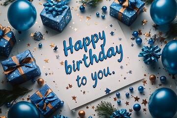 Fototapeta premium Happy birthday message surrounded by blue and gold gift boxes, ornaments and confetti on a white background.