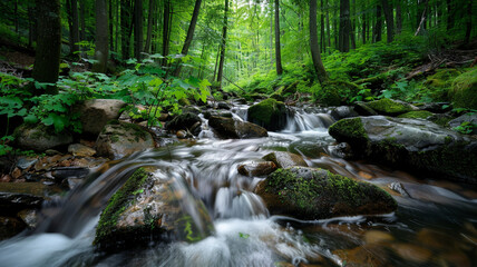 a forest with a gentle stream flowing over smooth stones and creating a soothing sound
