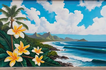 AAPI Heritage Month Celebration with Vibrant Frangipani Flower Mural and Scenic Ocean Waves